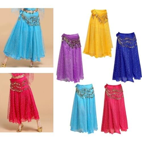 Womens Swing Mesh Dance Skirt Belly Dance Waltz Skirt with Belly Waist Chain