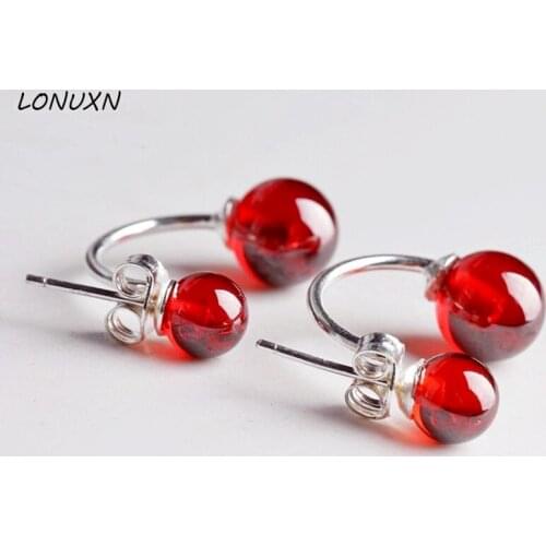 2cm Double Beads Girls Jewelry 925 Sterling Silver Red Garnet Women Simple Fashion Stud Earrings High Quality Natural Stone Gift