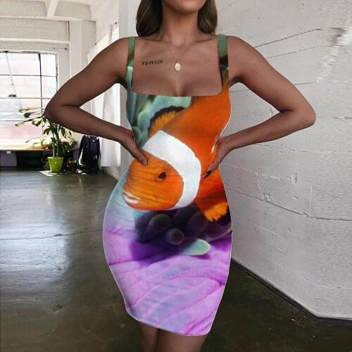 Giyu Brand Fish Dresses Women Colorful 3d Print Animal Halter Sleeveless Tropical Ladies Dresses Graffiti Sundress