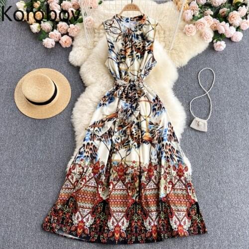 Korobov 2021 New Arrival Women Print Chiffon Dress Vintage Elegant V Neck Summer Beach Style Dresses High Waist Vestidos Femme