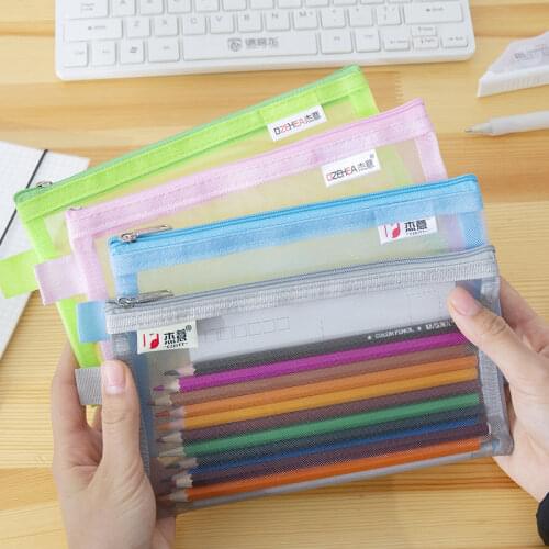1 PCS Creative Mesh Transparent Cute Square/Oval Portable Pen Pencil Pouch Bag School Office Supply Stationery Case