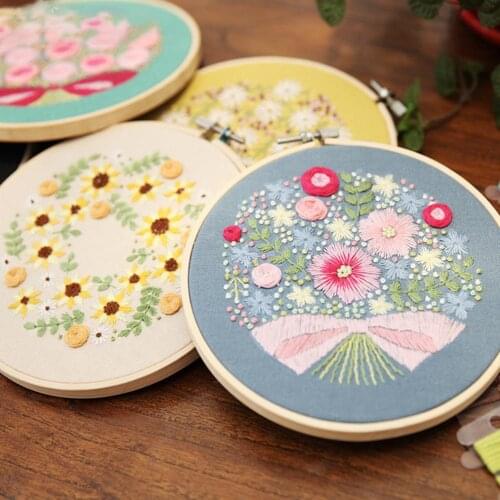 15cm Europe DIY Plant Flower Ribbon Embroidery Set Home Decor Beginners Needlework Cross Stitch Wall Painting Sewing Crafts