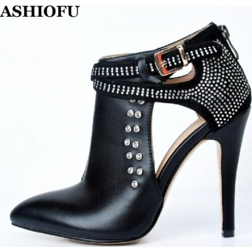 ASHIOFU Handmade Ladies High Heel Pumps Buckle Ankle Strap Party Prom Dress Shoes Crystals Evening Club Fashion Pump-Shoes XD001