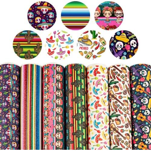 Mexican Party print Glitter Leather 7pcs for Party Decoration Gift Wrapping Hair Bows DIY Art Crafts,22*30cm