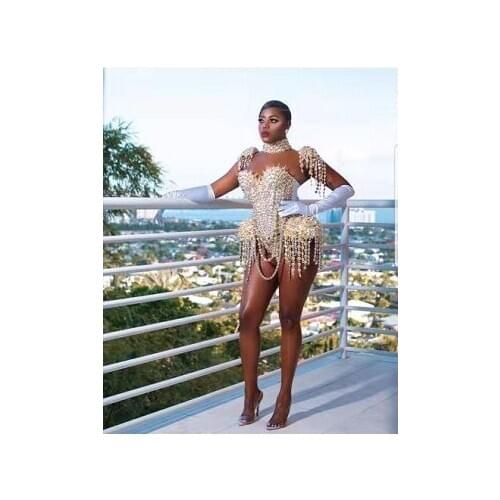 Super Full Gold Stones Bodysuit Performance Female Singer Leotard Stage Wear Birthday Dance Wear Stretch Outfit DS DJ Bodysuit