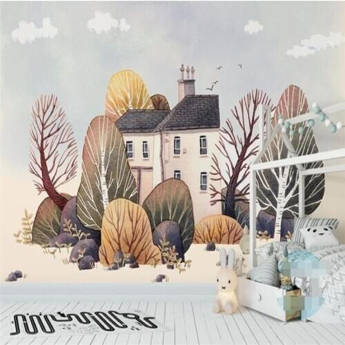 XUE SU Customized large mural wallpaper Nordic simple hand-painted forest animal childrens house background wall
