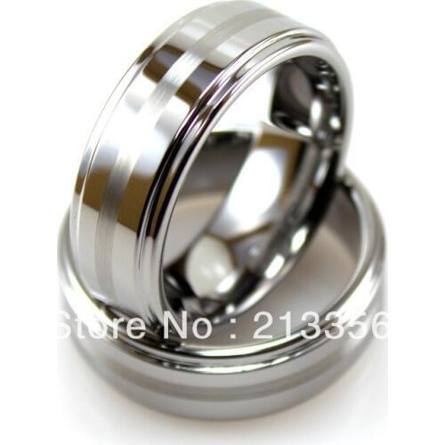 Cheap Price Free Shipping 2015 USA Hot Selling 8MM Silver Brushed Line Center Tungsten Ring With Steps Mens' Wedding Band Ring