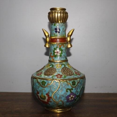 Home Decor 10"Tibet Buddhism Old Bronze Cloisonne Enamel Lotus root bottle vase Lotus Flower arrangement Vase decoration