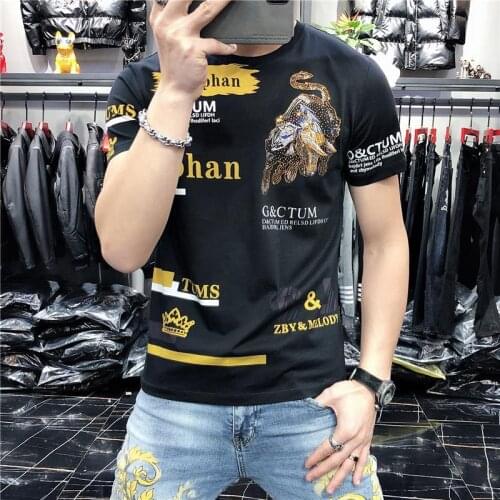 England Style Fancy T shirt Men Diamond Print Short Sleeve T-shirt Mens fashion Summer Rhinestone Letter Printing T Shirts