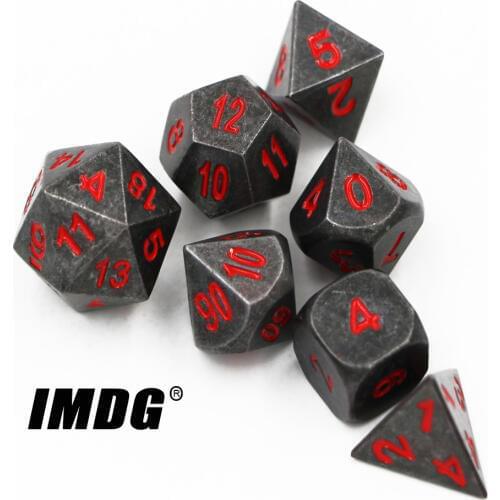 IMDG 7pcs/set Creative RPG Game Dice Polyhedron Metal Dice DND Plating Black Red Digital Game Dice