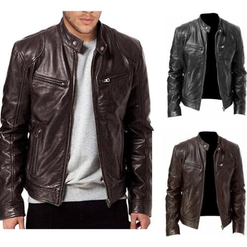 Autumn New Mens Casual Fashion Stand Collar Slim PU Leather Jacket Solid Color Leather Jacket Men Anti-wind Motorcycle 2021