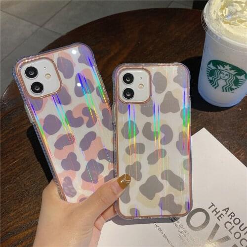 Laser Aurora Glitter Leopard Phone Case For iPhone 12 11 Pro Max X XR XS Max 8 7 Plus 12 Mini Case Shockproof Glossy TPU Cover
