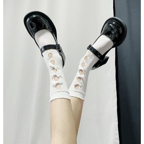 Lolita Bowknot Socks Women JK Hollow Long Socks Girls Mesh High Knee Socks Female Elastic Dress Calcetine Hosiery