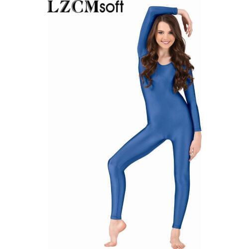 LZCMsoft Women Royal Blue Full Body Unitards Scoop Neck Long Sleeve Dance Unitards Bodysuits One Pieces Catsuits