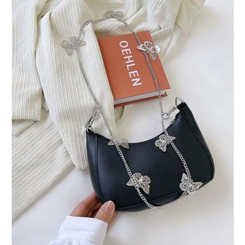Fashion Women PU Leather Small Shoulder Underarm Bag Ladies Vintage Butterfly Chain Pure Color Zipper Mini Purse Handbag
