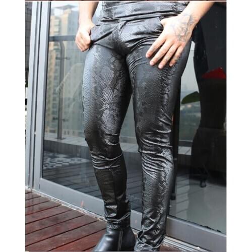 Men PU Leather Lining Fleeces Skinny Snakeskin Grain Punk Pencil Pants Winter Casual Trousers Velvet Fabrics Motorcycle Leggings