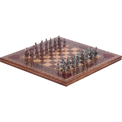 Metal Chess Set Small Size, Trojan Figured Antique Chess Stone and Solid Wood Chess Board