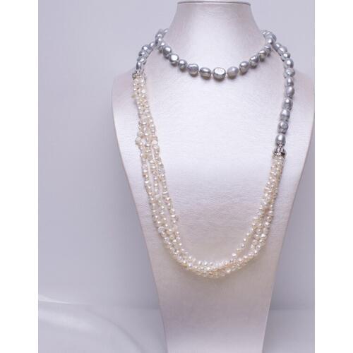 New Elegant Baroque Pearl Long Necklace With Grey Kishi Pearl&White Double Strand Pearl Necklace 90cm Length/Size