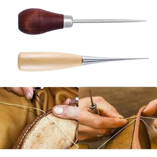 Pointed Wooden Handle Steel Awl Leather Sewing Awl Shoes Repair Punch Hole Tool