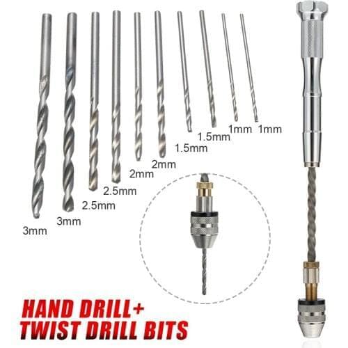 11pcs Micro Hand Drill Spiral Drilling Chuck Twist Drill Bits Repair Hand Tool Woodworking Manual Drilling Hole Rotary Tools