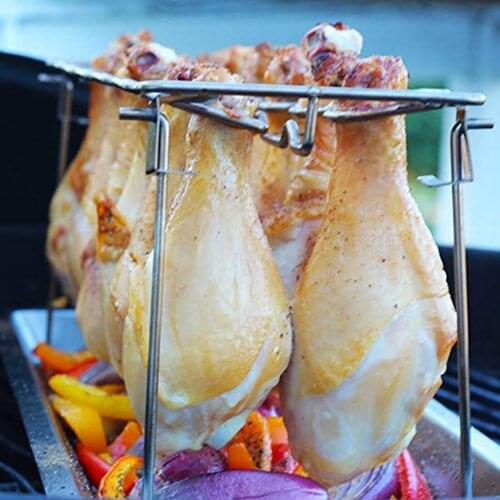BBQ Chicken Leg Rack Grill Holder w/ Pan For Oven Barbecue Outdoor
