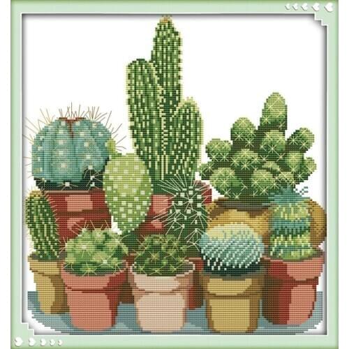Cactuses (2) Flowers Still Life Cross Stitch Kits 14CT White 11CT Print Embroidery DIY Handmade Needlework Set Wall Home Decor