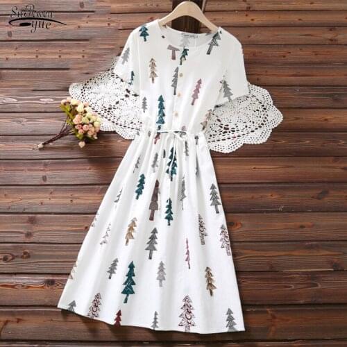 Chic Cotton Loose White Dresses for Women Short Sleeve Summer Women Dress O-neck Tree Printed Party Casual Dress Femme Robe 4616