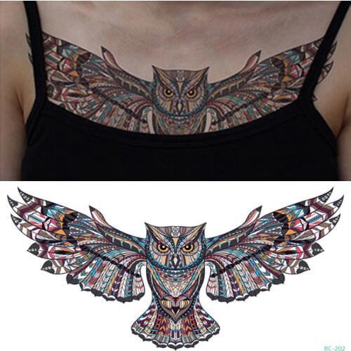 24*13.8cm new Sternum Chest/back Colorful owl Temporary Tattoo Big Body Art Sticker Jewelry Pendant Tattoo Fashion Under breast