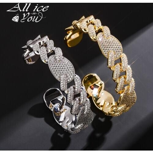 ALLICEONYOU 16mm Miami Cuff Clasp Cuban Link Silver Plated Bracelet Iced Out Cubic Zirconia Chain Hip Hop Jewelry For Gift