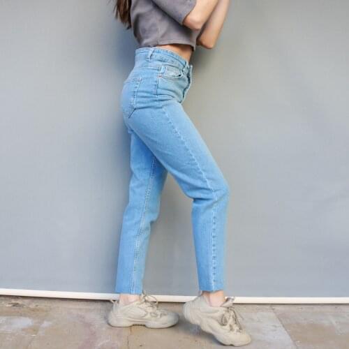 2021 New Spring High Waist Mom Jeans Woman Laser Cut Fashionable Casual Straight Pants Blue Female Washed Denim Skinny Pencil