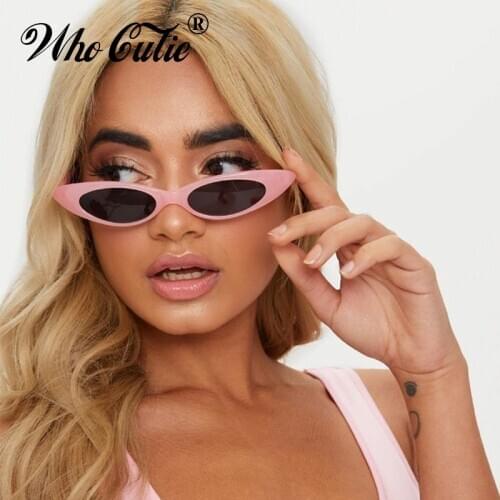 WHO CUTIE 2018 Skinny Narrow Cat Eye Sunglasses Women Vintage Small RED Pink Drop Frame Retro Tiny Oval Sun Glasses Shades 592B