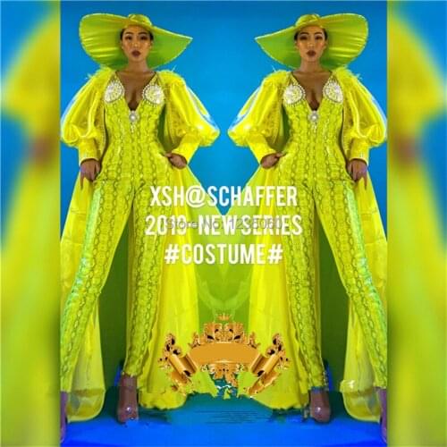 Nightclub female sexy yellow big cloak pearl snakeskin party girl clothes dance team stage performance outfit with big hat