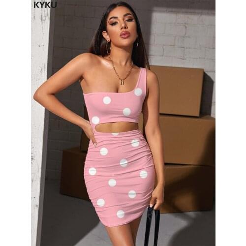 KYKU Colorful Dress Women Dots Pleating Lovely Vestido Sexy Pink Hollow out Dresses Womens Clothing Party Short Boho Fashion