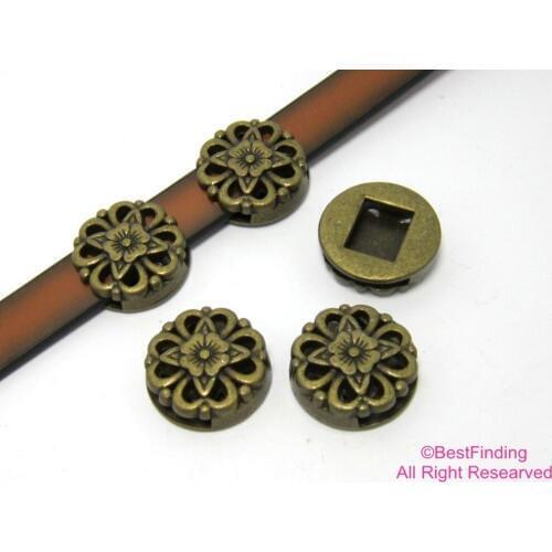 10x2mm Bloomy flower slider Antique bronze 10mm leather findings FF84B