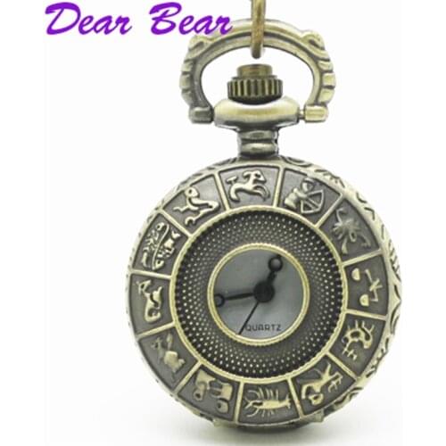 3052) Vintage Mini Chinese Zodiac Pocket Watch Necklace, 12pcs/lot, free ship, 2.7cm, Wholesale