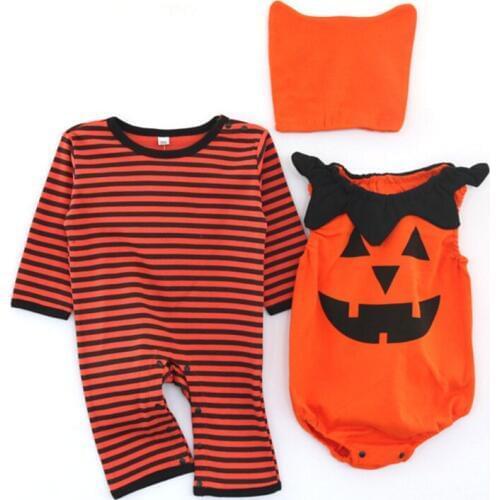 Infant Baby 2019 Halloween Pumpkin Dress One Piece Rompers 3 Pieces Set Festival Costume Sleeveless+Long Sleeve Jumpsuit Hat Set