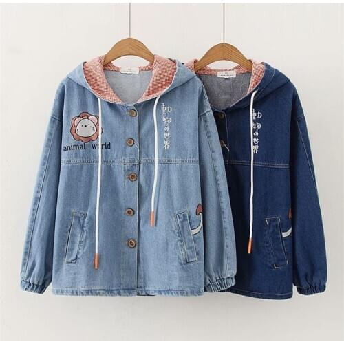 High-quality Denim Jacket Women Spring Autumn Cartoon Embroidery Hooded Jean Outerwear Student Casual Top Long sleeve Coat KW117