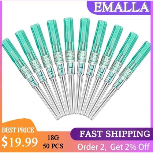 EMALLA 50PCS 18G Gauge Piercing Needles I.V Catheter Sterilized Body Piercing Tattoo Needles Sewing Needles Makeup Supplies