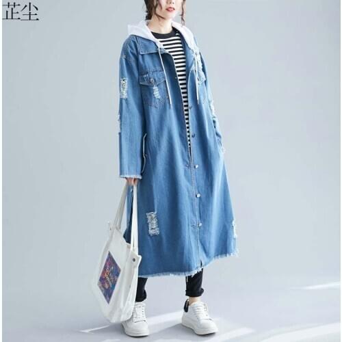 Women Denim Jacket Autumn Winter Plus Size Long Sleeve Korean Jackets Long Denim Cardigan Jacket 2019 Hooded Loose Outerwear 5XL
