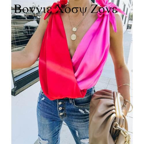Summer Women Colorblock Patchwork Spaghetti Strap Bow Design Strap Top
