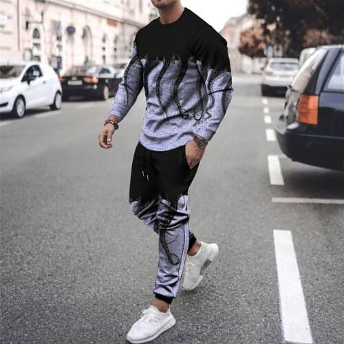 2021 summer mens casual long-sleeved trousers sports fashion suit mens 3D small flame printing casual sportswear