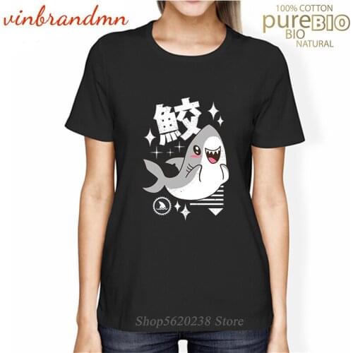 Kawaii Shark T-Shirt Ladies Funny Clothes Japan Kanji Print T Shirt Street Style Cute Tops Cotton Tee Summer Womens Tshirt Girl