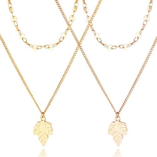 Fashion Rose gold Double layer chain Maple leaf pendant long necklace women kpop stainless steel jewelry accessories love gift