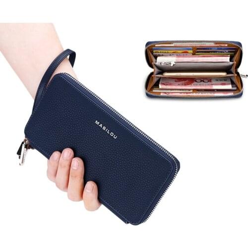 Fashion Multi-Purpose Long Purse Solid Genuine Leather Unisex Wallet For Mobile Phone Clutch Bag Slim Coin Pouch With Wristlet
