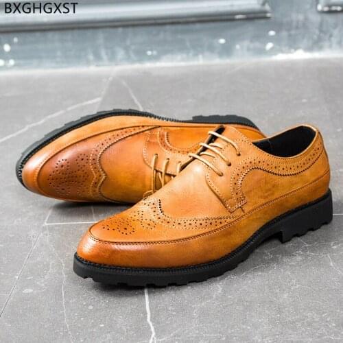 Black Brogue Men Leather Shoes Men Formal Men Wedding Shoes 2021 Dress Yellow Oxford Shoes for Man Chaussure Zapatos De Hombre
