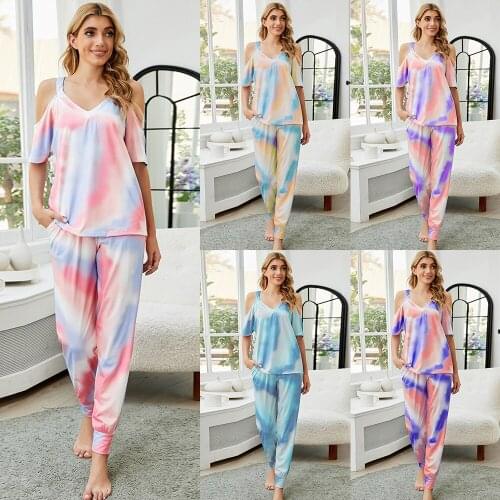 2021 Spring Summer New V-neck Casual Womens Clothing Tie-dye Fashion Off-the-shoulder T-shirt Casual Home Wear Two-piece Suit