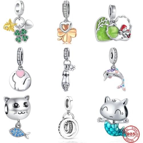 New Accessories Cat Fish Dolphin Four-leaf Clover Fit Pandora Original Bracelet Charm Beads For Women DIY Jewelry
