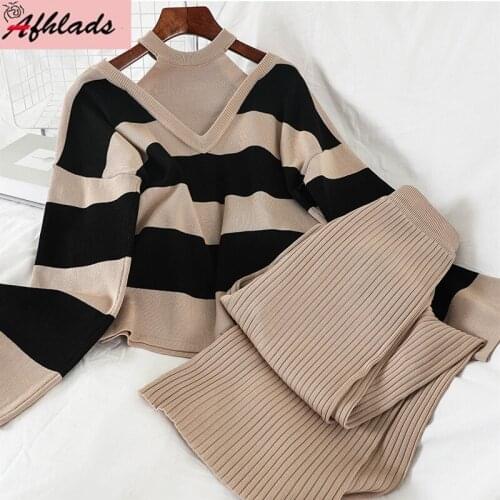 Autumn Two Piece Outfits Hang Neck Stripe Sexy Knitted Sweater Tops Straight + Slimming Wide Leg Pants Women Two-Piece Set
