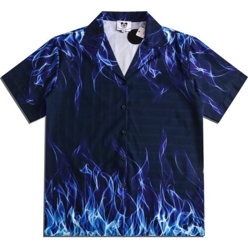 3D Blue Flame Print Short Sleeve Streetwear Hip Hop Harajuku Summer Hawaiian Beach Korean Floral Fashion Shirts Camisa