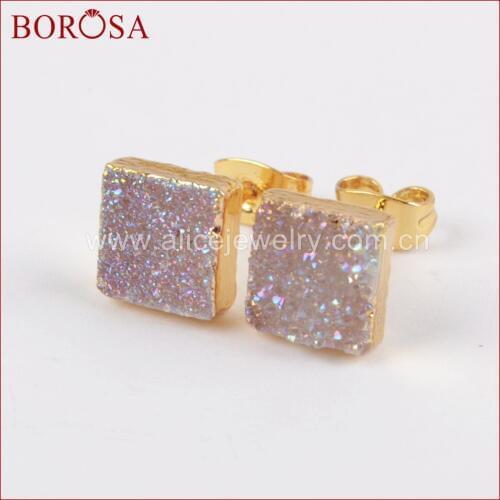 BOROSA 5pairs Druzy Earrings,8mm Square Gold Color Natural Drusy Crystal Titanium Rainbow Drusy Stud Earrings for Women G1279